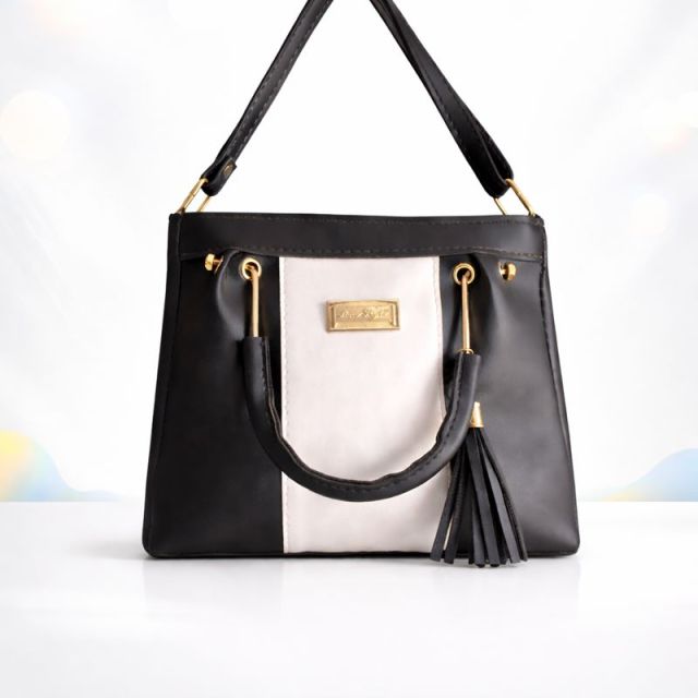 Stylish Black & White Women’s Handbag with Tassel Charm