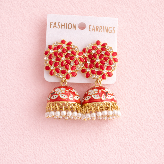 Red Floral Stone Jhumka Earrings with Pearl Drops (Gold Plated)
