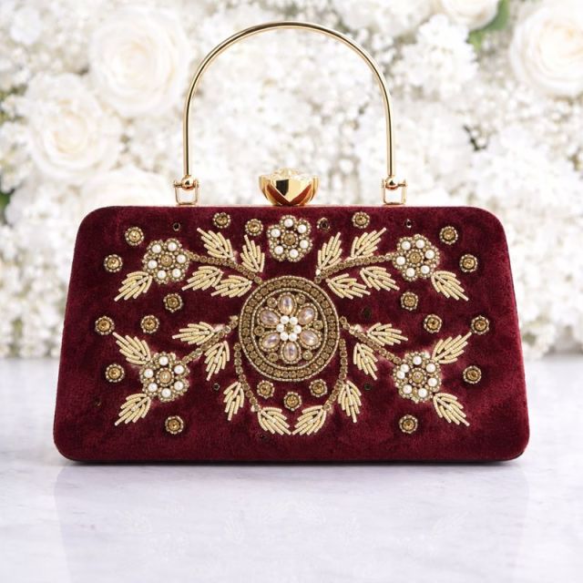 Women’s Maroon Velvet Embroidered Bridal Clutch Bag with Golden Handle
