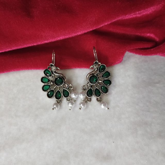 Oxidised Peacock Design Green Stone Pearl Drop Earrings