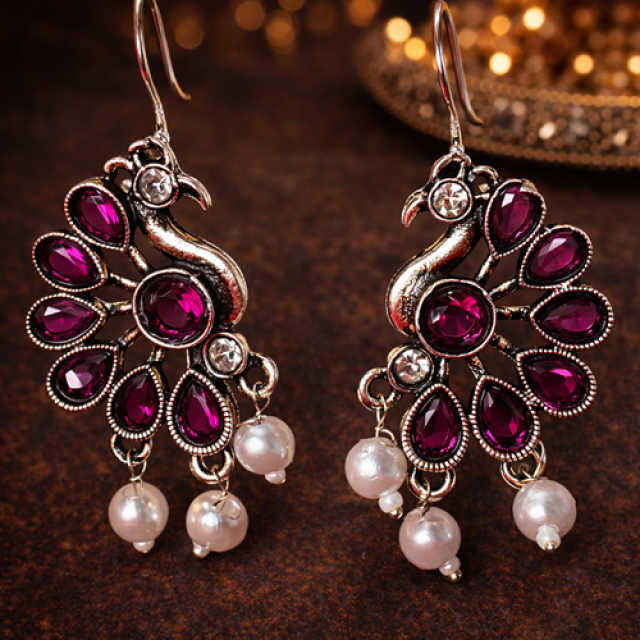 Peacock Design AD Stone Pearl Drop Earrings (Magenta)