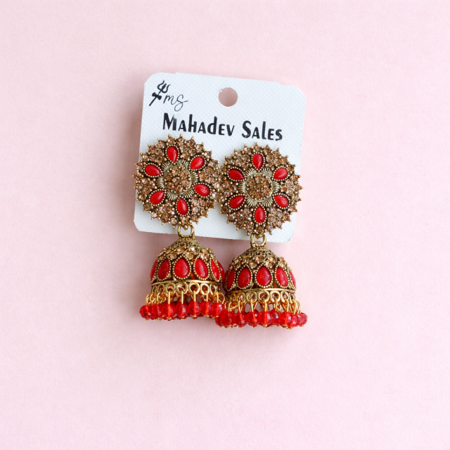 Red Floral Stone Jhumka Earrings with Beaded Drops (Gold Plated)