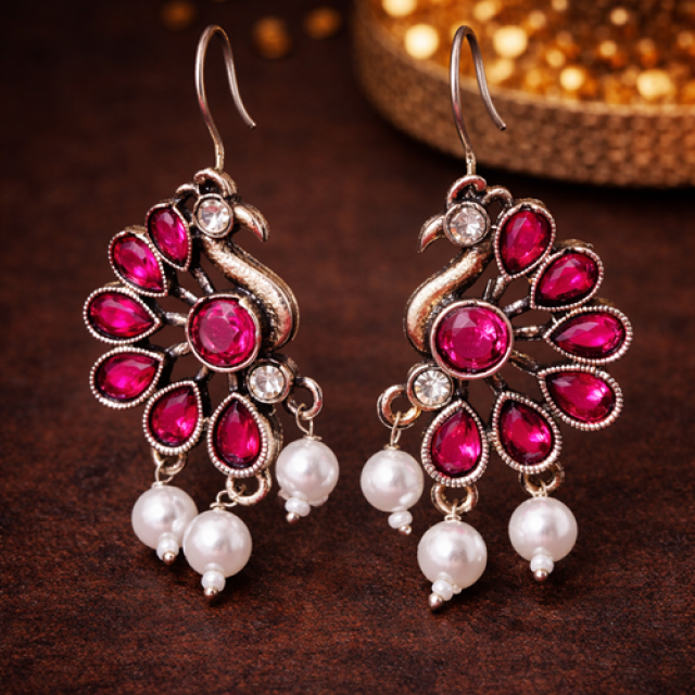 Peacock Magenta AD Stone Pearl Drop Earrings