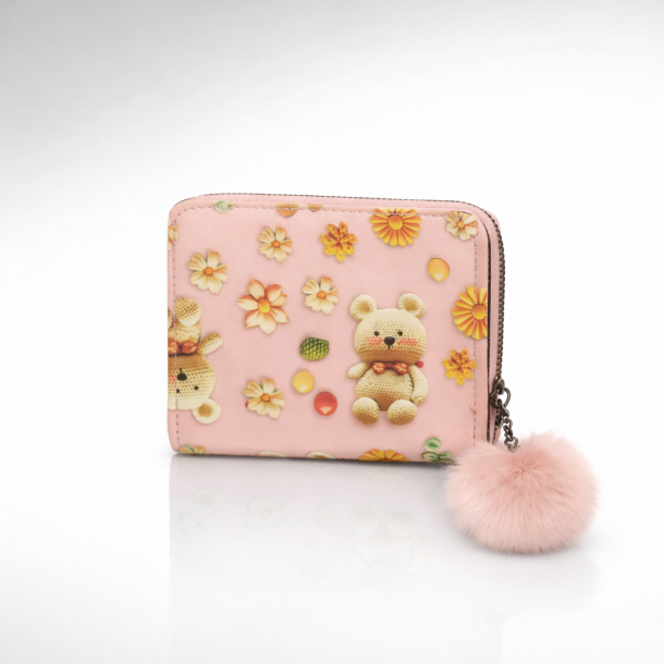 Cute Teddy Bear Floral Mini Zip Wallet with Pom Pom Keychain (Pink)