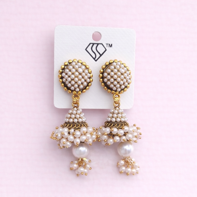 Gold Plated Pearl Cluster Designer Jhumka Earrings for Women