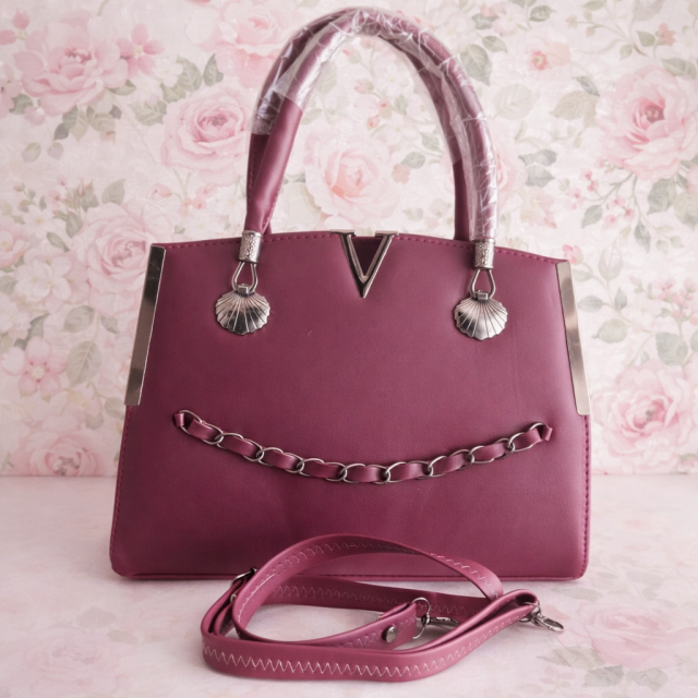 Maroon V-Lock Structured Handbag with Chain Detail & Sling Strap