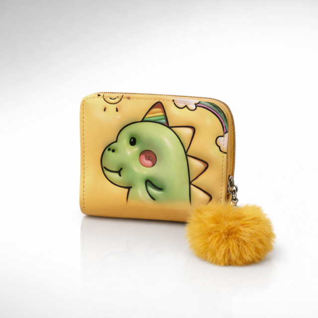 Cute Dino Cartoon Mini Zip Wallet with Pom Pom Keychain (Yellow)
