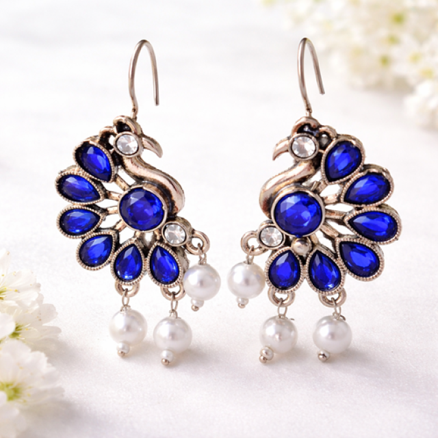 Royal Blue Peacock AD Stone Pearl Drop Earrings