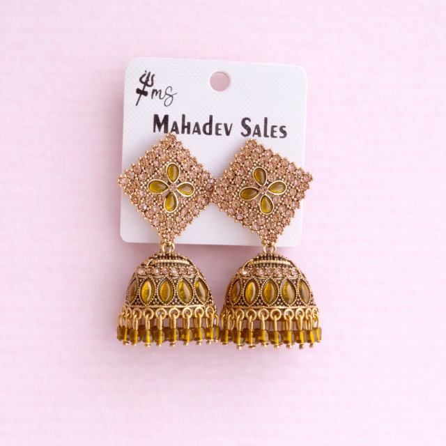 Gold Plated Yellow Stone Designer Jhumka Earrings for Women