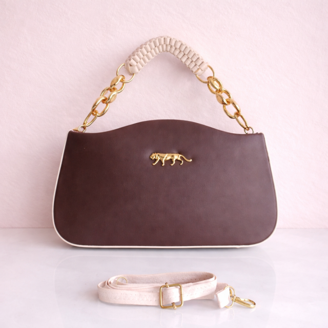 Elegant Brown Chain Handle Shoulder Bag with Detachable Sling