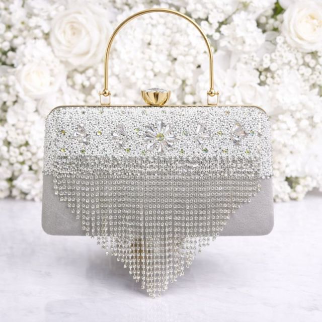 Women’s Silver Rhinestone Party Wear Clutch Bag with Handle