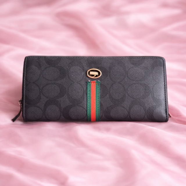 Premium Monogram Stripe Women’s Long Zip Wallet (Black Edition)