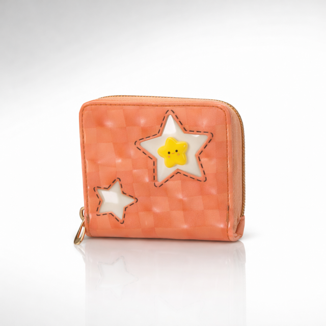 Cute Star Patch Mini Zip Wallet with Cartoon Detail (Peach Orange)