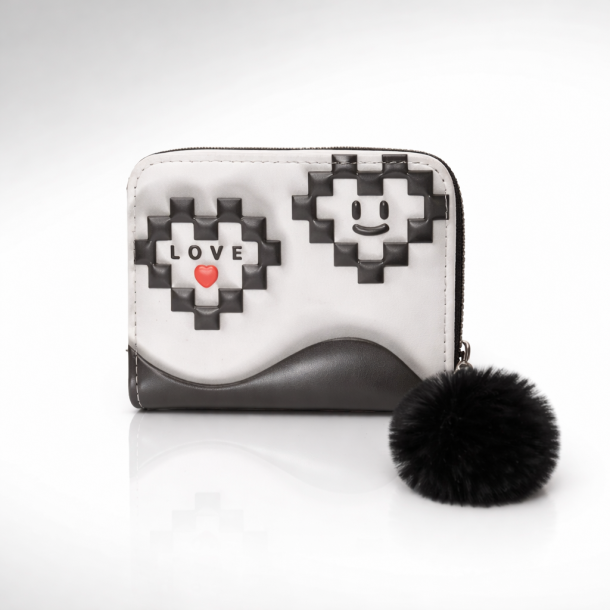 Pixel Heart Love Mini Zip Wallet with Pom Pom Keychain (Black & White)