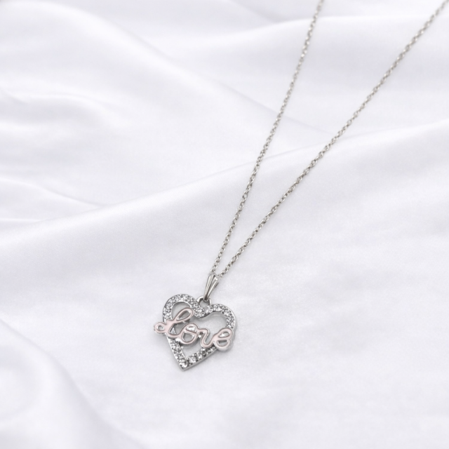 Silver Crystal Heart “Love” Pendant Necklace
