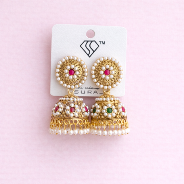 Traditional Kundan Pearl Gold Plated Jhumka Earrings with Red & Green Stones