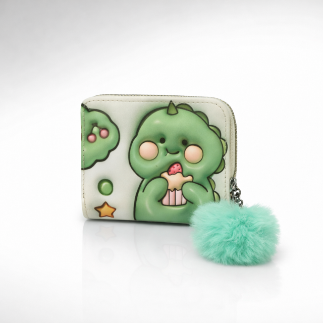 Cute Dino Cartoon Mini Zip Wallet with Pom Pom Keychain (Mint Green)