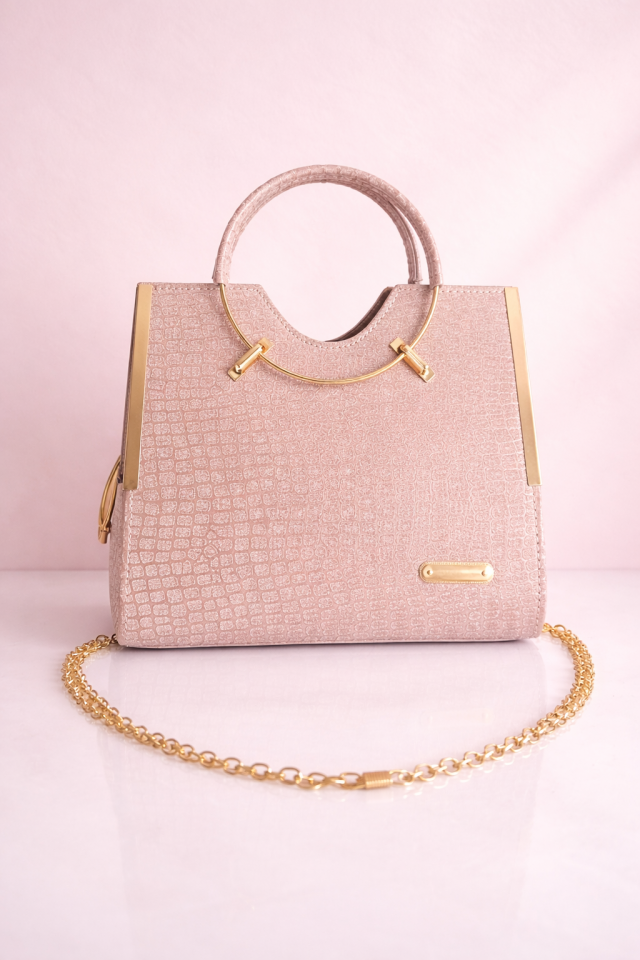 Elegant Pink Croc Texture Handbag with Gold Chain Strap
