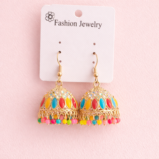 Multicolor Gold Finish Meenakari Jhumka Earrings with Beaded Drops