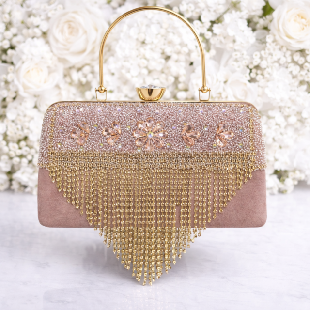 Women’s Peach Crystal Fringe Party Wear Clutch Bag with Golden Handle