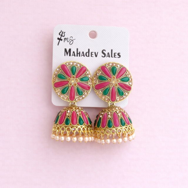 Traditional Pink & Green Meenakari Gold Plated Jhumka Earrings with Pearl Drops