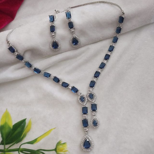 Elegant American Diamond Blue Stone Necklace Set with Drop Earrings