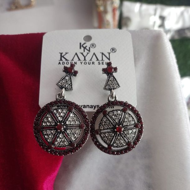 Maroon Crystal Circular Drop Earrings