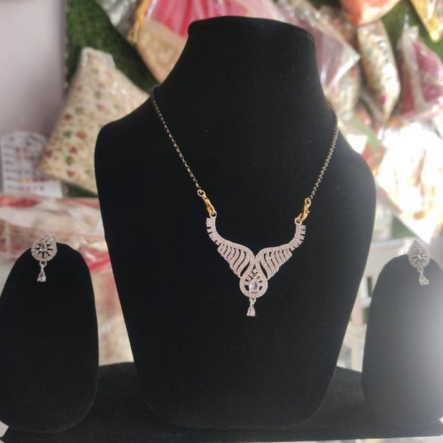 Designer Silver AD Mangalsutra Necklace Set with Earrings