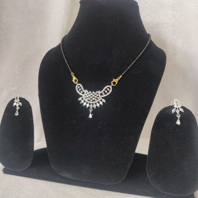 Classic Crescent Design American Diamond Mangalsutra Set with Earrings