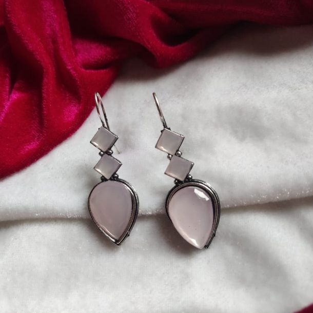 Oxidised Pink Stone Drop Earrings