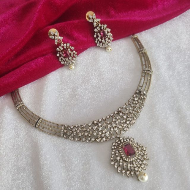 Luxury American Diamond Choker Necklace Set with Ruby Red Stone & Pearl Drop