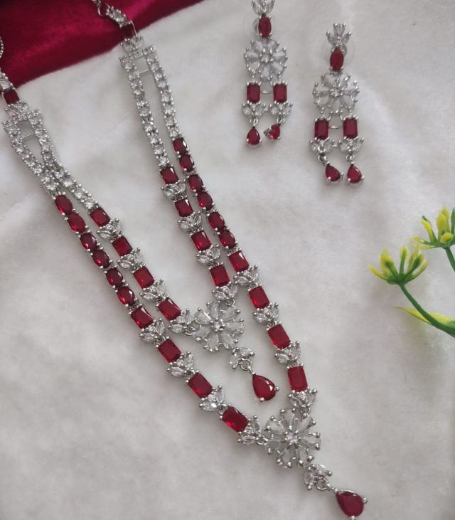Elegant Ruby Red American Diamond Necklace Set with Earrings