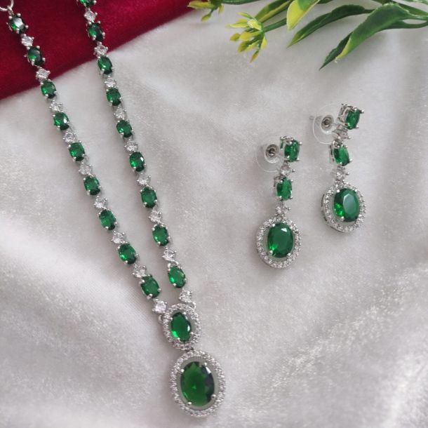 Silver AD Green Stone Pendant Necklace Set with Earrings