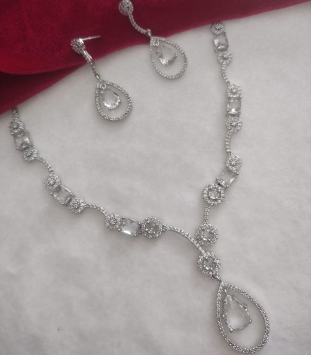 Elegant White American Diamond Drop Necklace Set with Earrings