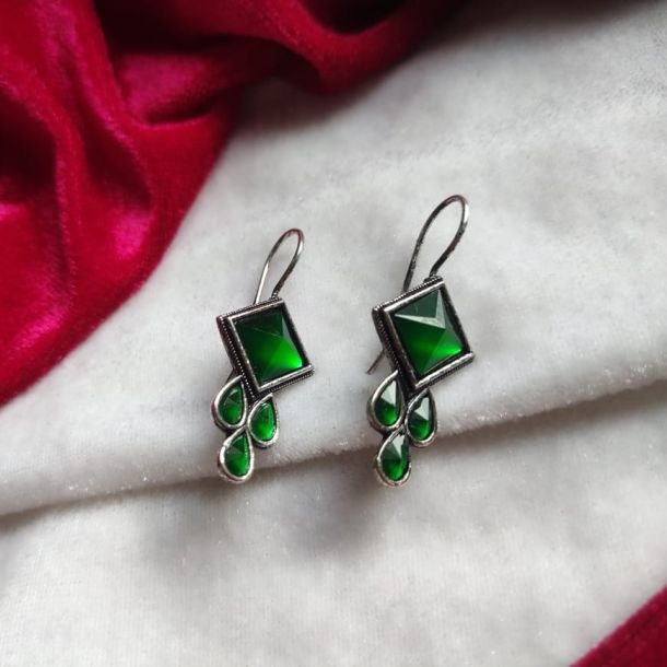 Oxidised Green Stone Drop Earrings