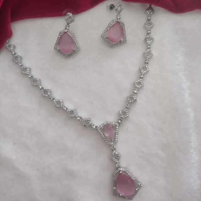 Elegant Pink American Diamond Drop Necklace Set with Earrings