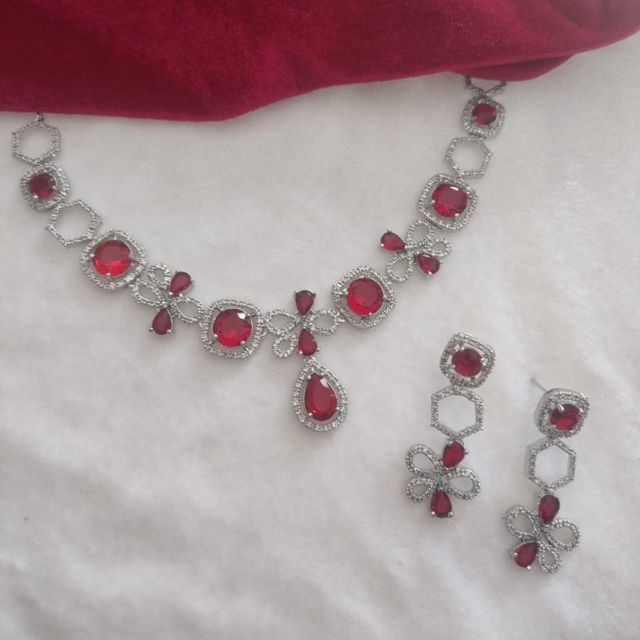 Royal Red American Diamond Designer Necklace Set with Earrings