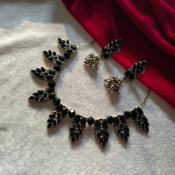 Oxidised Black Stone Leaf Design Choker Necklace Set with Matching Earrings