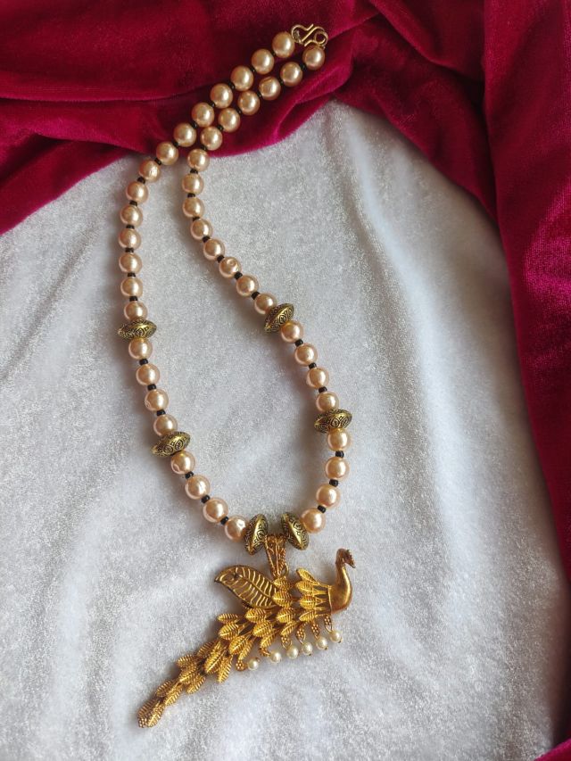 Traditional Pearl Beaded Peacock Pendant Necklace (Antique Gold Finish)