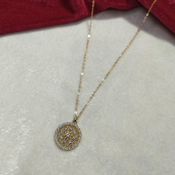 Gold Plated Round Crystal Floral Pendant Chain Necklace