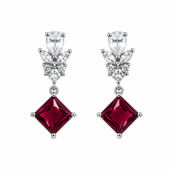 Silver-Tone CZ Drop Earrings with Ruby Red Stone
