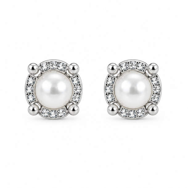 Silver-Tone Pearl CZ Stud Earrings for Women