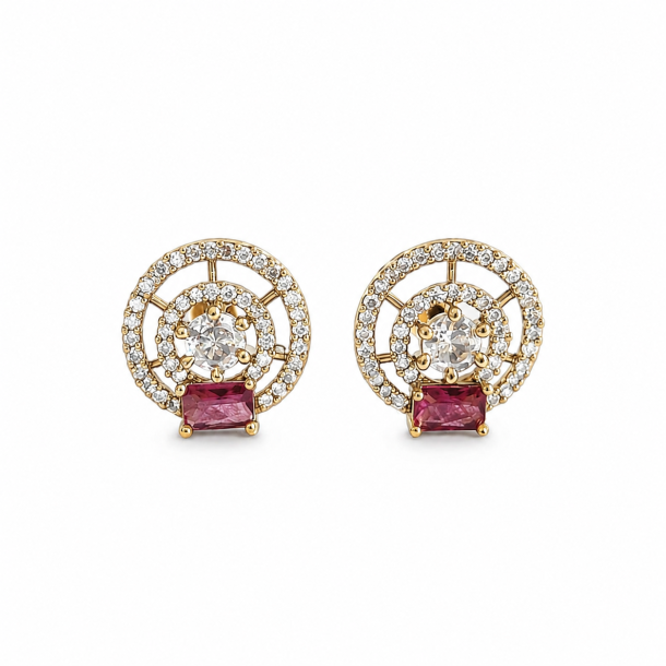 Gold-Tone Circular CZ Stud Earrings with Ruby Accent Stone