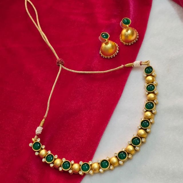 Traditional Gold Finish Green Stone Choker Necklace Set with Earrings