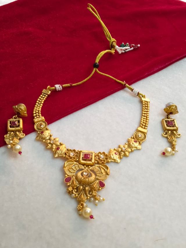 Traditional Antique Gold Finish Temple Bridal Choker Necklace Set with Earrings