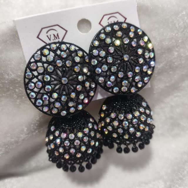 Black Crystal Studded Jhumka Earrings