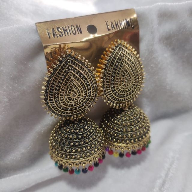 Antique Black Gold Jhumka Earrings with Multicolour Beads