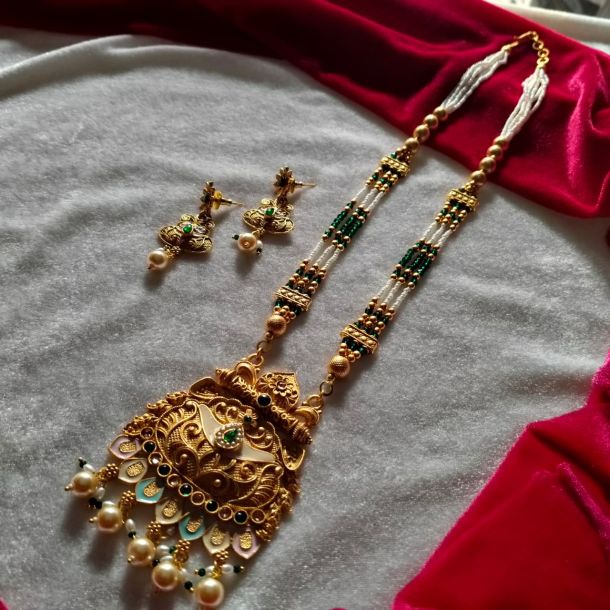 Traditional Gold Plated Long Necklace Set with Pearl Pendant & Earrings