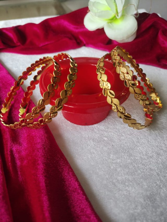Gold Finish Leaf Pattern Designer Metal Kada Bangles (Set of 2)