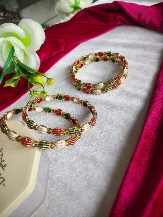 Multicolor Enamel Designer Metal Kada Bangles (Set of 2)